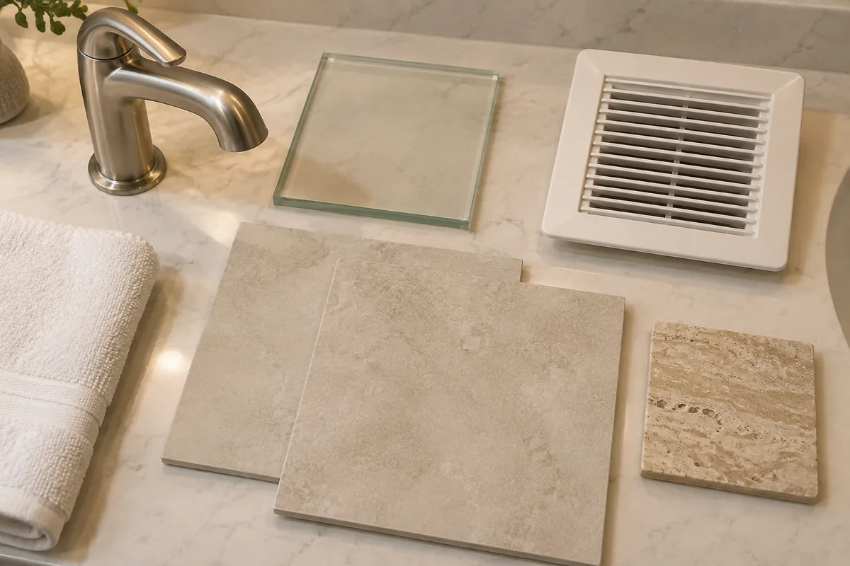 Flat lay on a cream quartz counter with a brushed nickel faucet, a square of clear shower glass, two large-format beige porcelain tile swatches, a travertine swatch, an exhaust fan grille and a folded white towel