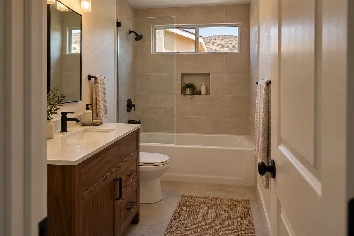 Compact hall bathroom in a single-storey Sparks ranch home with a white alcove tub behind a glass panel, a beige tile surround with a recessed niche, a narrow walnut vanity, matte black fixtures and a small window facing a stucco wall and dry hills