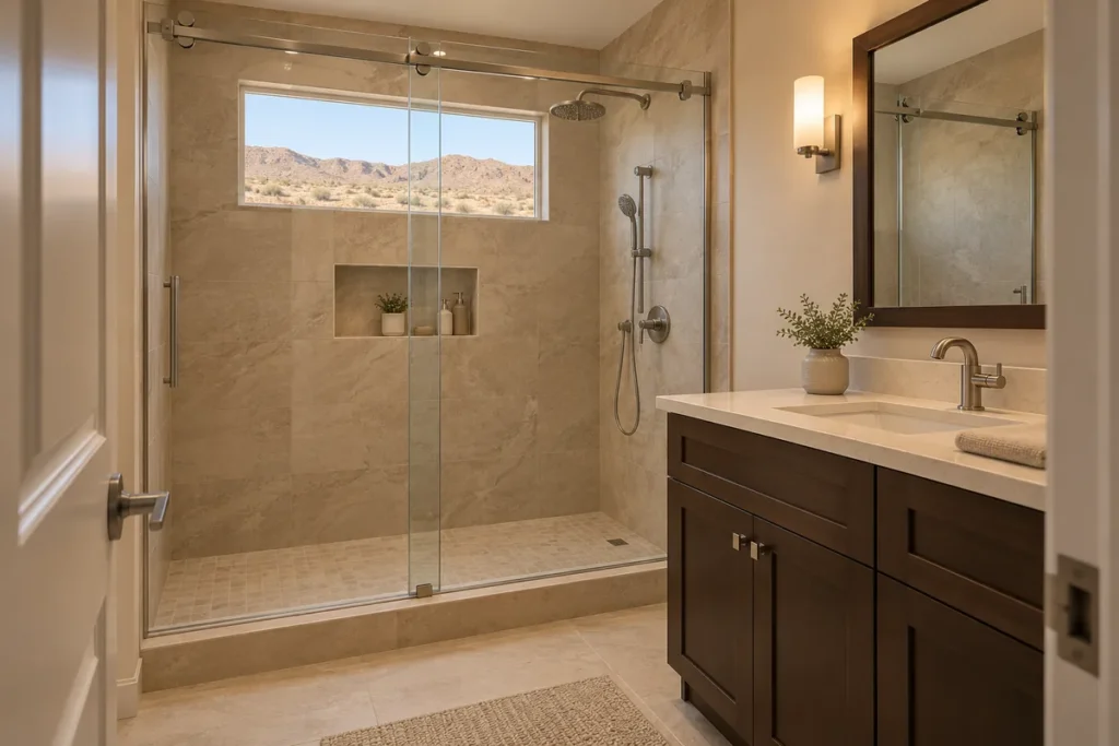 Remodeled Reno bathroom where a bathtub alcove has become a shower: a five-foot alcove with a low tiled curb, a frameless sliding glass door, beige large-format porcelain walls, a recessed niche, a brushed nickel rain head and hand shower, an espresso vanity with a cream quartz top beside it, and a small window onto gravel, sagebrush and brown hills