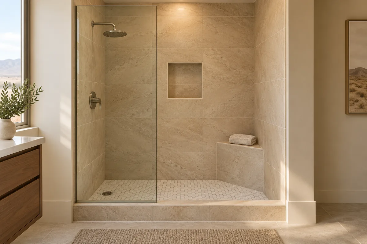Straight-on view into a five-foot converted shower alcove in a Reno home: beige porcelain tile walls, a small white hexagon mosaic floor with a round drain at the left end below a brushed nickel valve and rain head, a low tiled curb across the front, a fixed clear glass panel on the valve side with an open entry beside it, a corner seat with a folded towel and a recessed niche on the back wall, a window with desert hills and a framed desert print