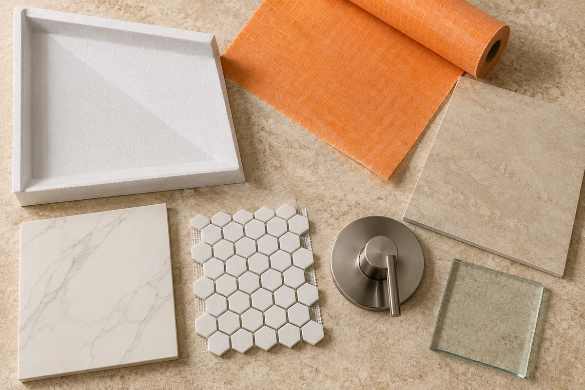 Flat lay on a beige travertine slab of tub-to-shower conversion materials: a corner of a white pre-sloped foam shower pan, a partly unrolled orange bonded waterproofing membrane, a large-format beige porcelain wall tile, a white marble-look solid-surface panel sample, a sheet of small white hexagon floor mosaic, a brushed nickel shower valve trim and a small square pane of low-iron glass