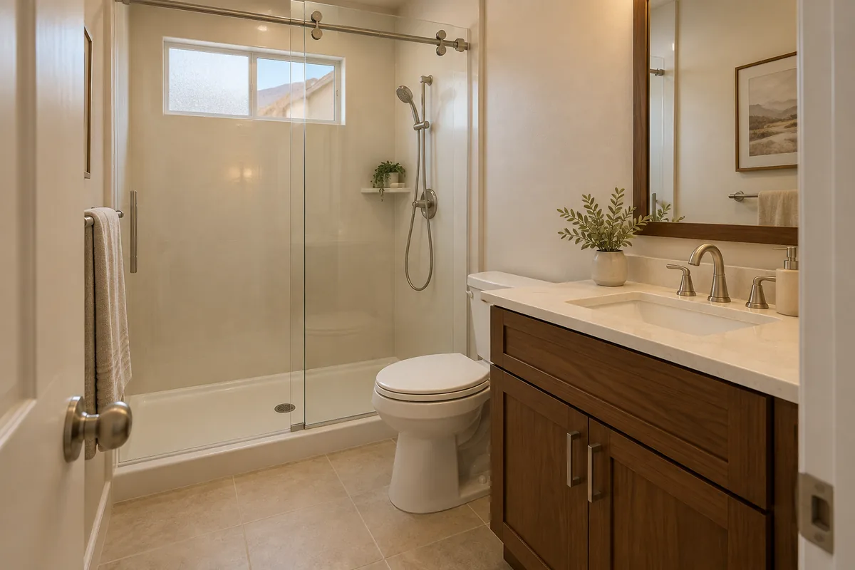 Compact hall bathroom in a Reno ranch home seen from the doorway after a tub-to-shower conversion: the former tub alcove now holds a shower with smooth cream solid-surface wall panels, a low white base, a frameless sliding glass door and a brushed nickel hand shower on a slide bar, with the toilet and a single walnut vanity with a cream quartz top in a line beside it, a framed landscape print, and a small frosted window with a glimpse of a hill