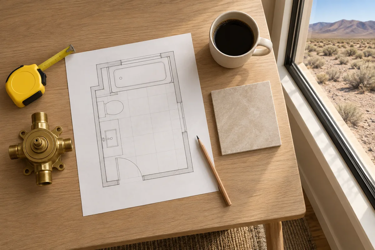 Flat lay on a light oak table by a window: a pencil floor plan of a small bathroom with the tub alcove, toilet and vanity drawn and no lettering, a yellow tape measure, a brass shower valve rough-in body, a beige porcelain tile sample, a pencil and a mug of black coffee, with dry scrub, sagebrush and brown hills outside the window