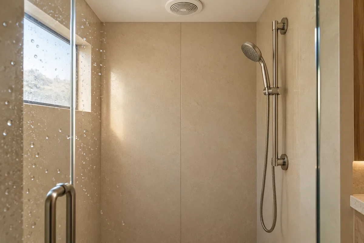 Eye-level close view of the back wall of a converted shower in a Reno home: smooth beige solid-surface wall panels with a single vertical seam, a brushed nickel hand shower on a slide bar, water beads on a clear coated glass door in the foreground, a white round ceiling exhaust fan grille above, and a small window at the left showing dry scrub and a hillside