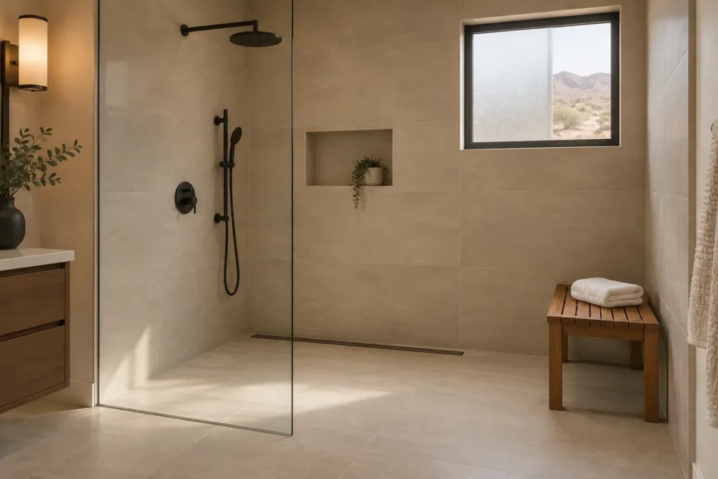 Remodeled walk-in shower in a Reno home with a curbless entry, a frameless clear glass panel, beige large-format porcelain tile, a linear drain along the back wall, a recessed niche, matte black rain and hand showers, a teak bench with a folded towel, and a small window showing gravel, sagebrush and brown hills