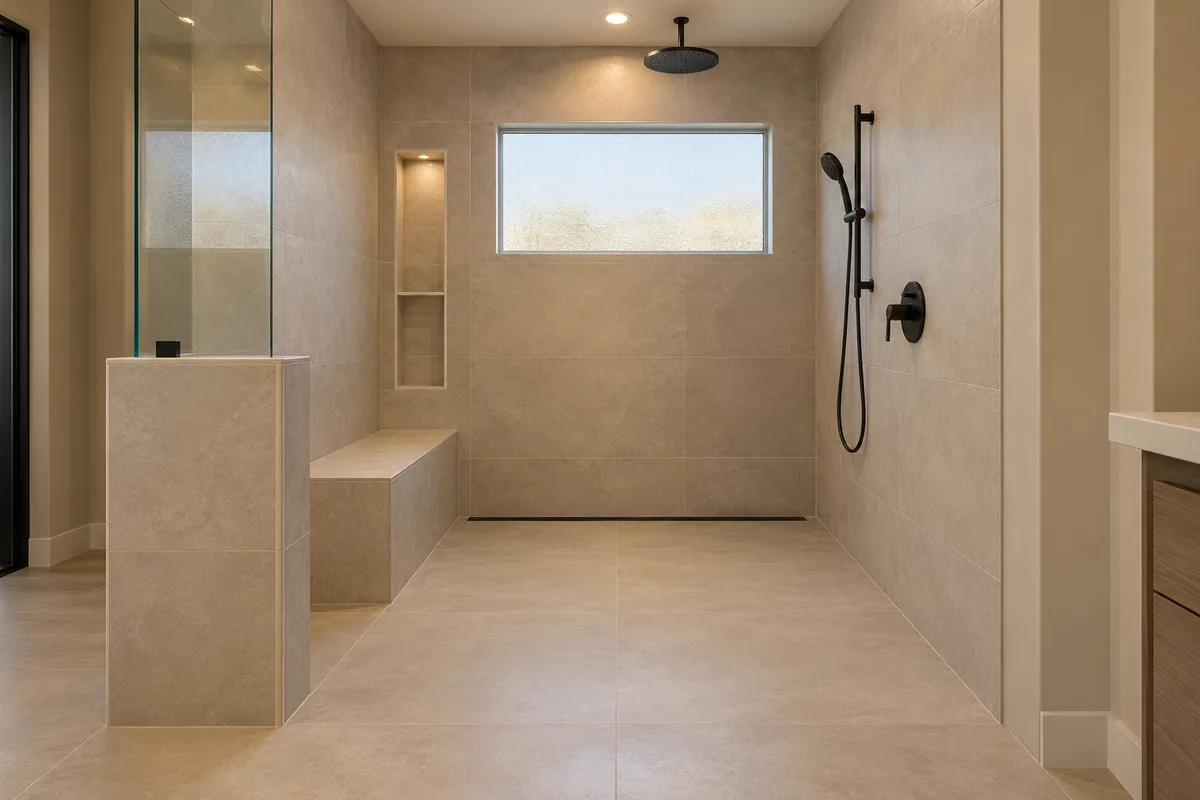 View straight into a curbless walk-in shower in a Reno primary bathroom: large-format beige porcelain floor tile sloping to a linear drain at the back wall, a built-in tiled bench, a tall two-shelf niche, a half-height tiled wall with a clear glass panel above it, a ceiling-mounted matte black rain head and hand shower, and a frosted window