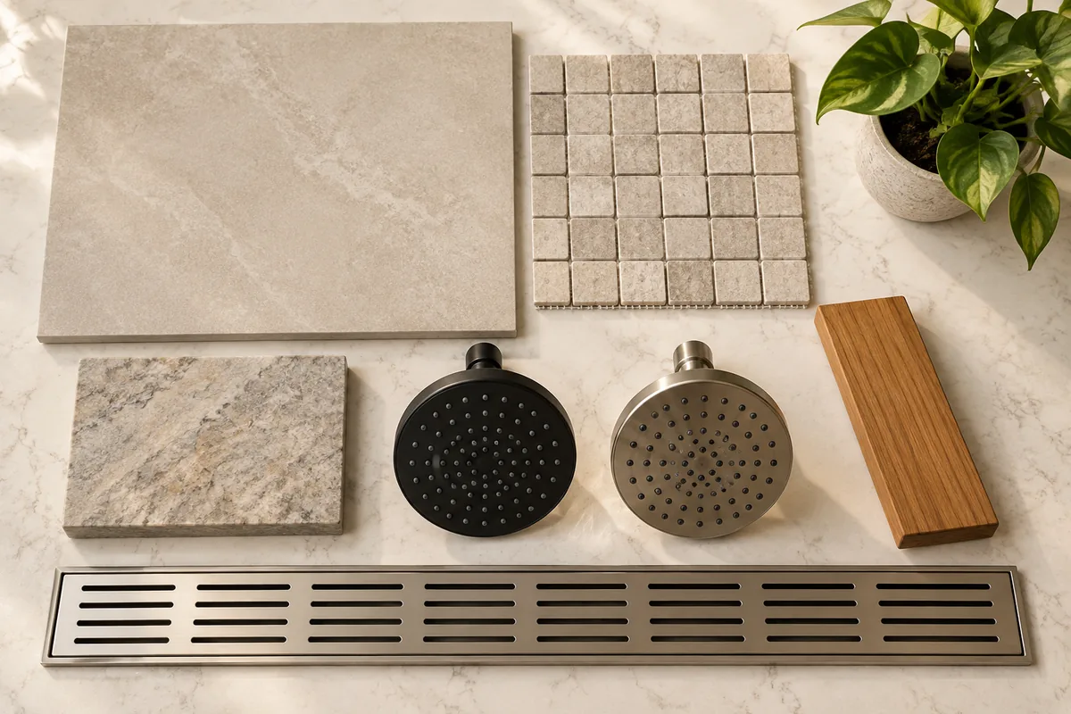 Flat lay on a white veined stone counter of a large-format beige porcelain wall tile, a sheet of mosaic shower-floor tile, a grey natural stone sample, a matte black and a brushed nickel shower head side by side, a teak bench slat, a stainless linear drain grate and a small potted plant