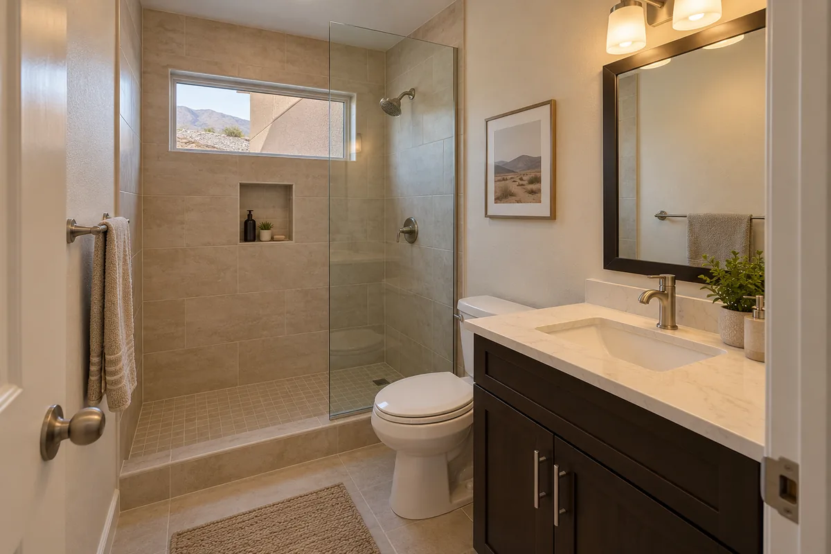 Compact hall bathroom in a Reno ranch home after a remodel, seen from the doorway: a walk-in shower with a low tiled curb, a mosaic floor and one fixed glass panel where the bathtub was, a recessed niche, a framed desert print, an espresso single vanity with a cream quartz top, brushed nickel fixtures, and a high window onto brown hills and a stucco wall