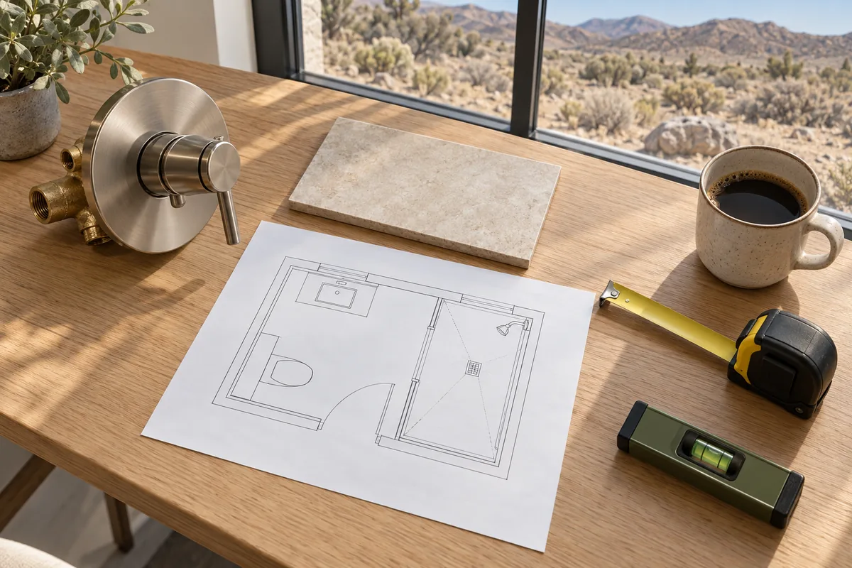 Flat lay on a light oak table by a window: a bathroom floor plan drawing with a shower outline and no lettering, a tape measure, a spirit level, a brushed nickel shower mixing valve with a brass body, a beige stone tile sample and a mug of coffee, with sagebrush and brown hills outside the window