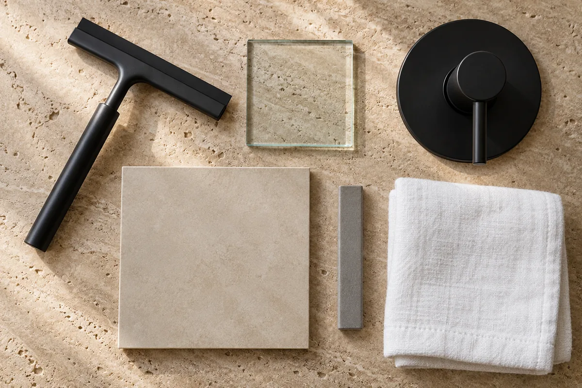 Flat lay on a beige travertine slab of a shower squeegee, a sample pane of low-iron shower glass, a matte black shower valve trim, a sealed grey grout sample, a beige porcelain tile swatch and a folded white linen towel