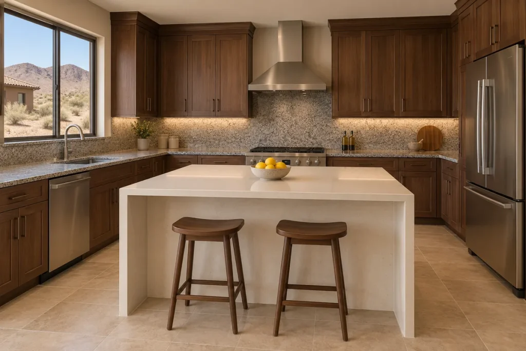 Remodeled Reno kitchen at eye level with a cream quartz island with a mitred waterfall edge and two walnut stools, dark walnut shaker cabinets, speckled grey granite on the perimeter counters, a stainless range and hood, beige porcelain floor tile, warm under-cabinet light and a side window onto dry gravel, sagebrush, a stucco house and brown hills
