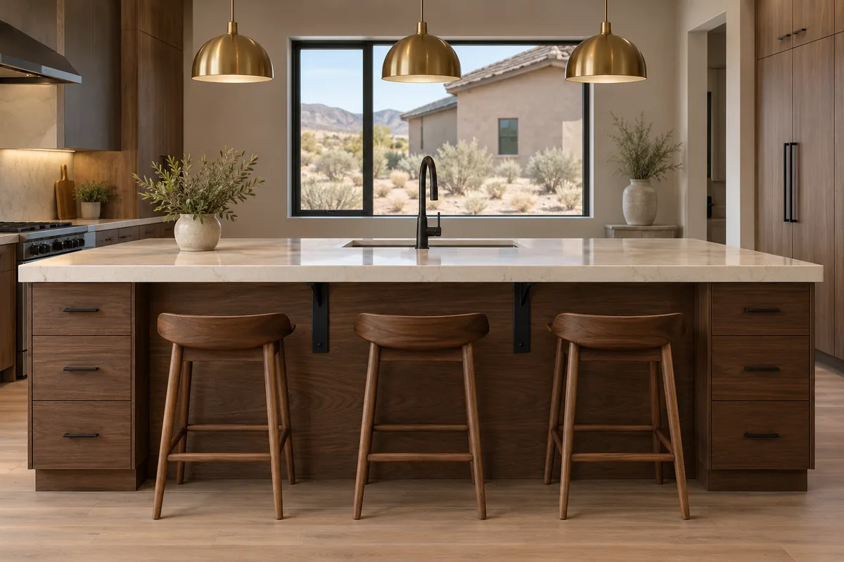 Side view at counter height of a Reno kitchen island: a thick cream quartz top with a deep seating overhang, three walnut stools tucked beneath it, two slim matte black steel brackets under the overhang, a dark walnut drawer base, three brass pendants above, an undermount sink with a matte black faucet, and a stucco house with gravel and sagebrush through the window behind