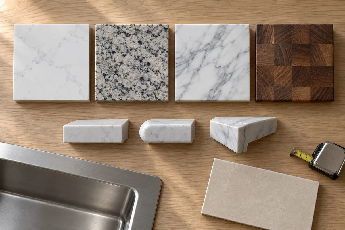 Flat lay on a light oak table of four square countertop samples in a row, white quartz with soft grey veining, speckled grey and black granite, white marble with grey veins and an end-grain walnut butcher block, with three small stone edge samples showing an eased, a bullnose and a mitred edge, the corner of a brushed stainless undermount sink, a beige porcelain tile and a tape measure in soft side light