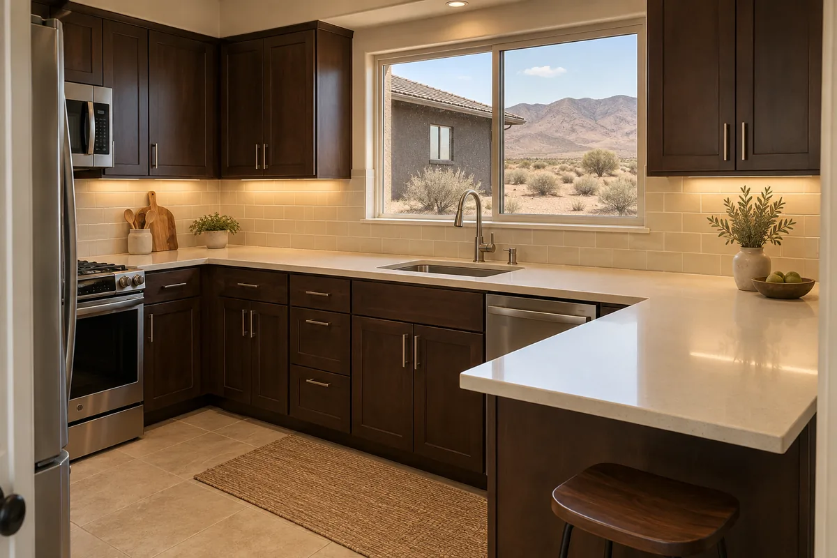 A 1970s Reno ranch-house kitchen after a countertop remodel, seen from the doorway: an L-shaped run of espresso shaker cabinets with new cream quartz counters and an eased edge, a beige subway tile backsplash, an undermount stainless sink under a window, a short breakfast peninsula with one stool, and a stucco neighbour, dry gravel, sagebrush and brown hills through the glass