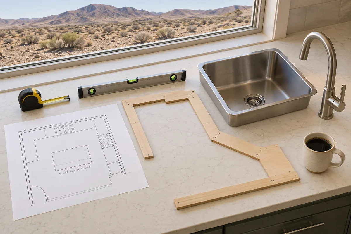 Flat lay on a cream quartz counter in a Reno kitchen: a plain floor-plan drawing with a countertop outline and no lettering, thin plywood strips joined into a countertop template, a tape measure, a spirit level, a stainless undermount sink lying beside a brushed nickel faucet, a mug of coffee, and sagebrush, gravel and brown hills through the window