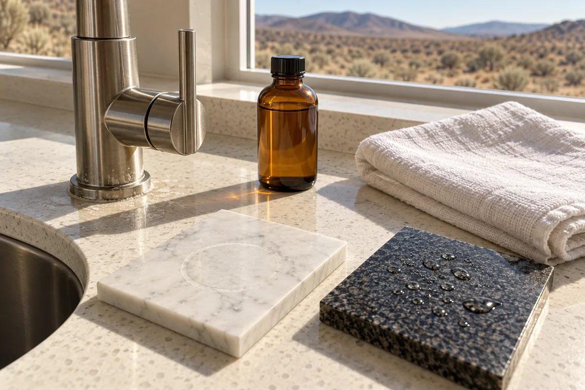 Close-up flat lay on a cream quartz counter by a bright south-facing window in hard sunlight: a brushed nickel faucet with dried white water spots at its base, a polished white marble sample with a faint dull ring, a dark granite sample with water beading on its sealed surface, a small unlabelled amber bottle of sealer, a folded white linen towel, and sagebrush and brown hills blurred outside
