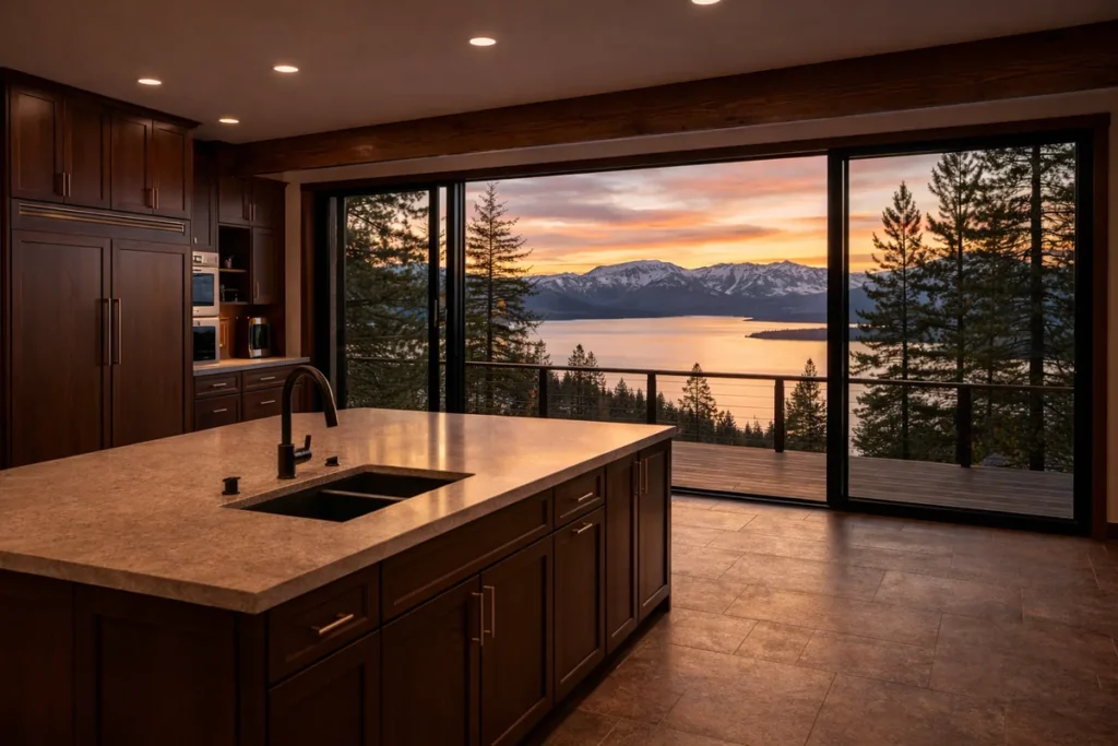 Incline Village kitchen at dusk with a large walnut island, beige quartz counter and matte black faucet, and floor-to-ceiling glass doors onto a deck, pines, Lake Tahoe and snow-capped mountains