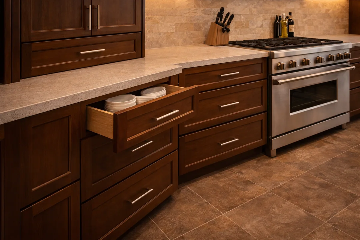 Close view of walnut kitchen drawers with brushed nickel pulls, one open with stacked plates, a beige quartz counter, stone tile backsplash and a stainless professional range