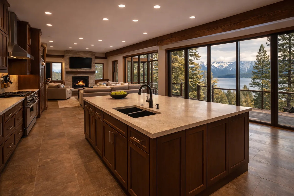 Long Incline Village kitchen island with a beige quartz top, matte black faucet and double sink, walnut cabinets, tile floor, a living room fireplace, and a wall of glass onto pines, the lake and snow peaks