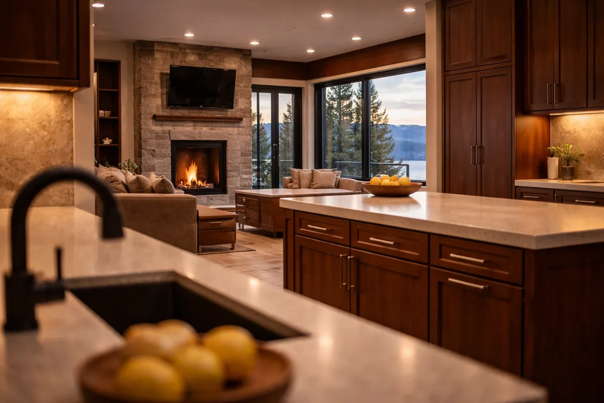 Open concept Incline Village kitchen with a quartz island holding a bowl of lemons, walnut cabinets, a stone fireplace and sofa beyond, and windows onto pines and the lake