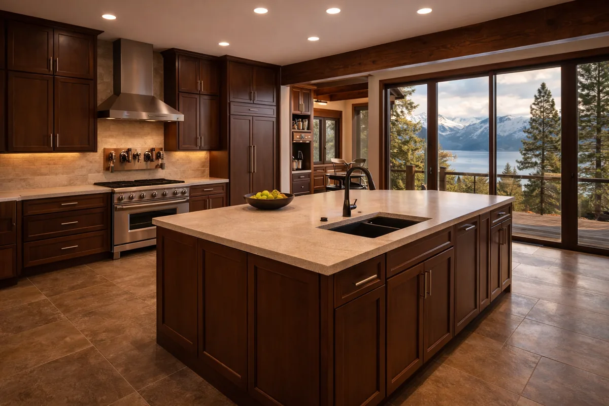 Incline Village kitchen with walnut shaker cabinets, a stainless range and hood, a quartz island with a bowl of apples, and sliding glass doors onto a deck with pines, Lake Tahoe and snowy mountains