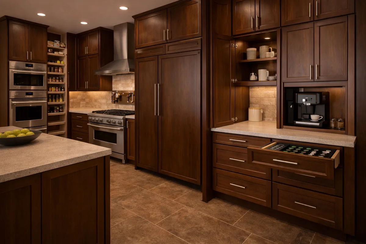 Incline Village kitchen with dark walnut cabinets, stainless double ovens and range, a stone tile backsplash, a built-in coffee machine cabinet, open pantry shelving, and a quartz island with green apples
