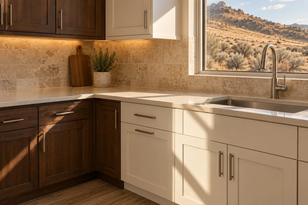 Corner of a remodeled Reno kitchen with low afternoon sun raking across a cream quartz counter from a window onto sagebrush and a rocky brown hillside: dark walnut shaker cabinets on the shaded side, painted cream cabinets with brushed nickel pulls on the sunlit side, a beige travertine-look tile backsplash, a wood-look plank floor, a walnut cutting board and a potted rosemary