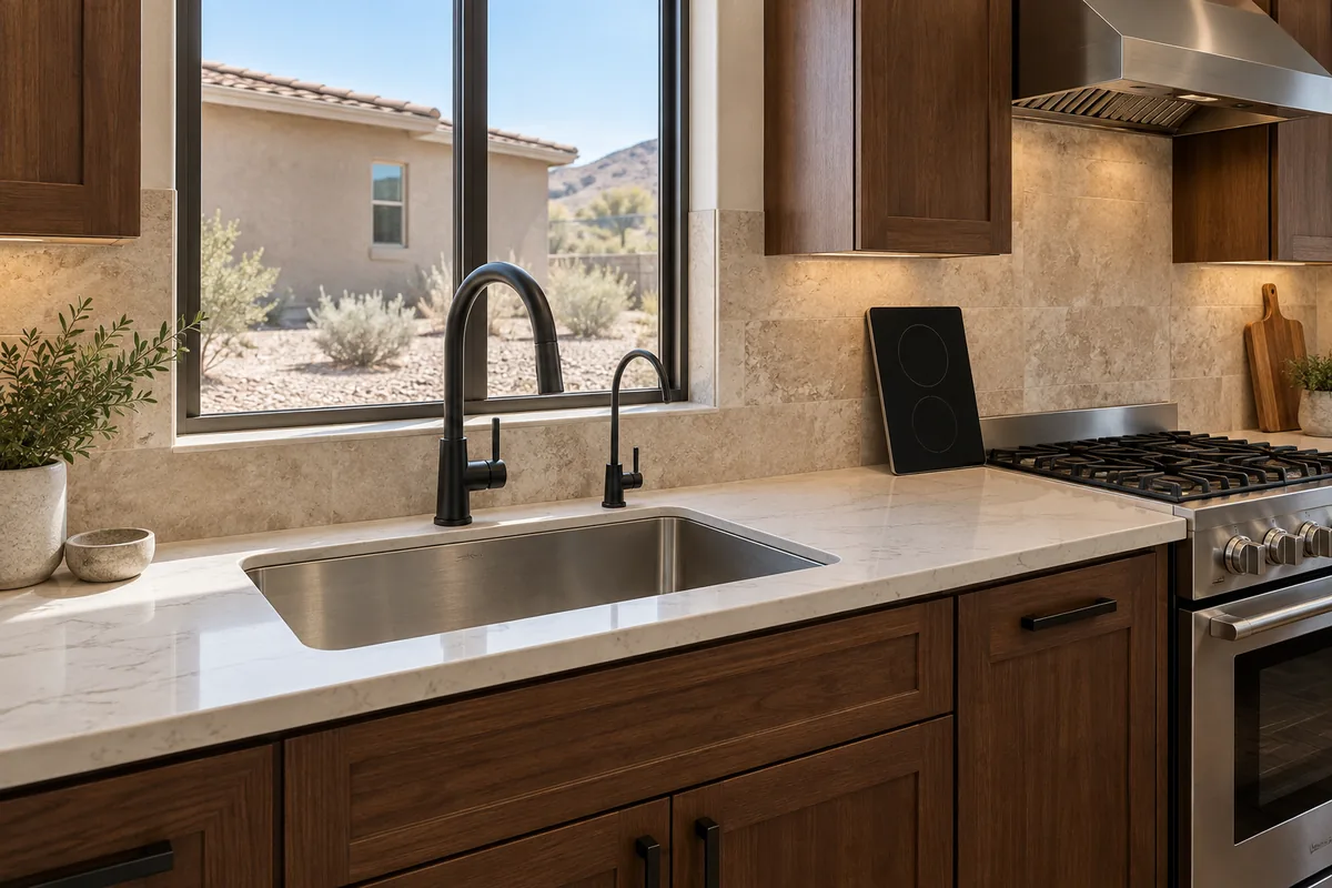 Reno kitchen sink wall with a matte black gooseneck faucet and a small filtered-water tap over an undermount stainless sink in a cream quartz counter, a beige travertine backsplash, walnut shaker cabinets, a black induction cooktop sample leaning beside a stainless gas range and hood, and a window onto a tan stucco house, sagebrush and gravel
