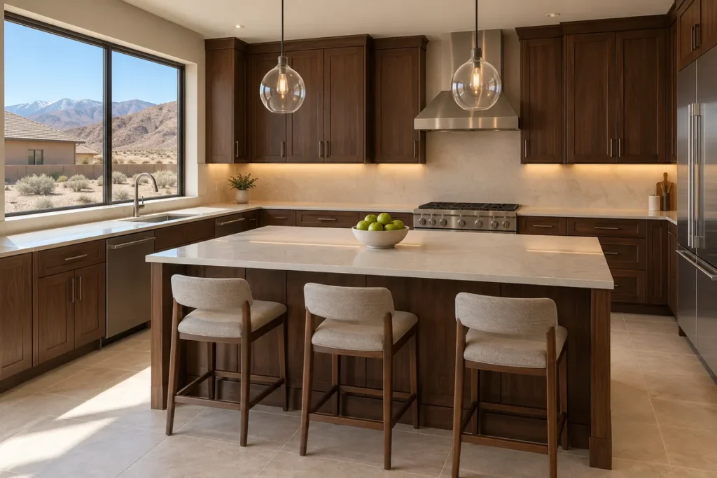 Remodeled Reno kitchen seen from the living room: dark walnut shaker cabinets, a long cream quartz island with three upholstered stools and a bowl of green apples under two glass pendants, a stainless range and hood, a beige tile floor, and a wide window onto sagebrush, a tan stucco neighbour and snow-capped Sierra peaks