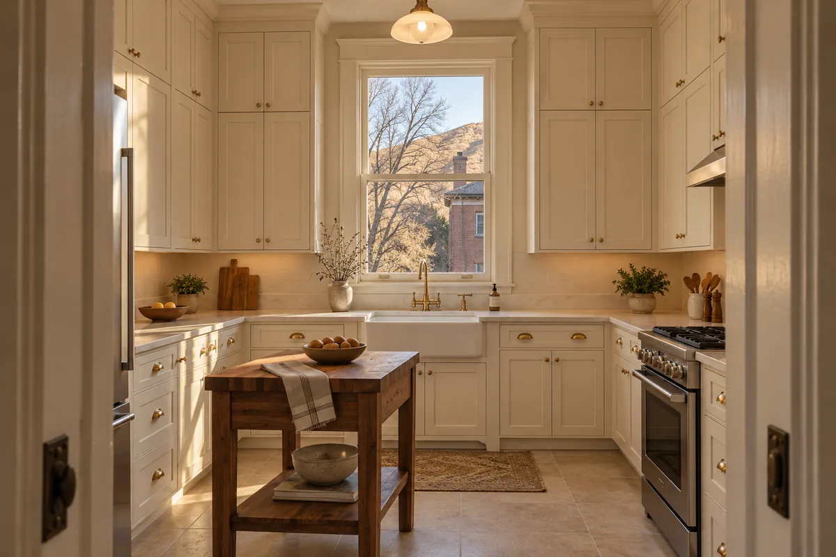 Remodeled kitchen in a 1920s Reno Craftsman bungalow seen from its doorway: painted cream shaker cabinets to the ceiling with brass cup pulls, a farmhouse sink under a tall double-hung window onto a bare tree, a brick neighbour and a dry hillside, cream quartz counters, a walnut butcher-block work table and a beige tile floor