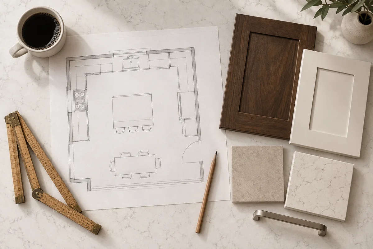 Flat lay on a cream marbled quartz counter: a pencil-drawn kitchen floor plan with an island and a table, a brass folding ruler, walnut and painted cream cabinet door samples, a beige porcelain tile and a quartz sample, a brushed nickel pull, a pencil, a cup of black coffee and a potted plant