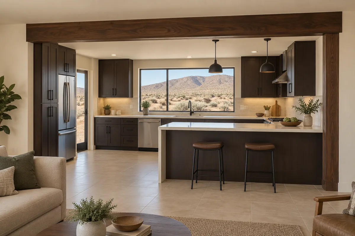 Remodeled mid-century Reno ranch kitchen seen from the living room through a wide opening under a dropped walnut beam with a post at one end, a cream quartz peninsula with two leather stools beneath black pendants, espresso shaker cabinets, and a wide window onto sagebrush and brown hills